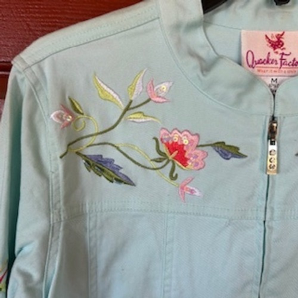 Retro‎ Quaker Factory Embroidered Jacket Floral Butterfly  Aqua Spring Medium - Picture 11 of 13